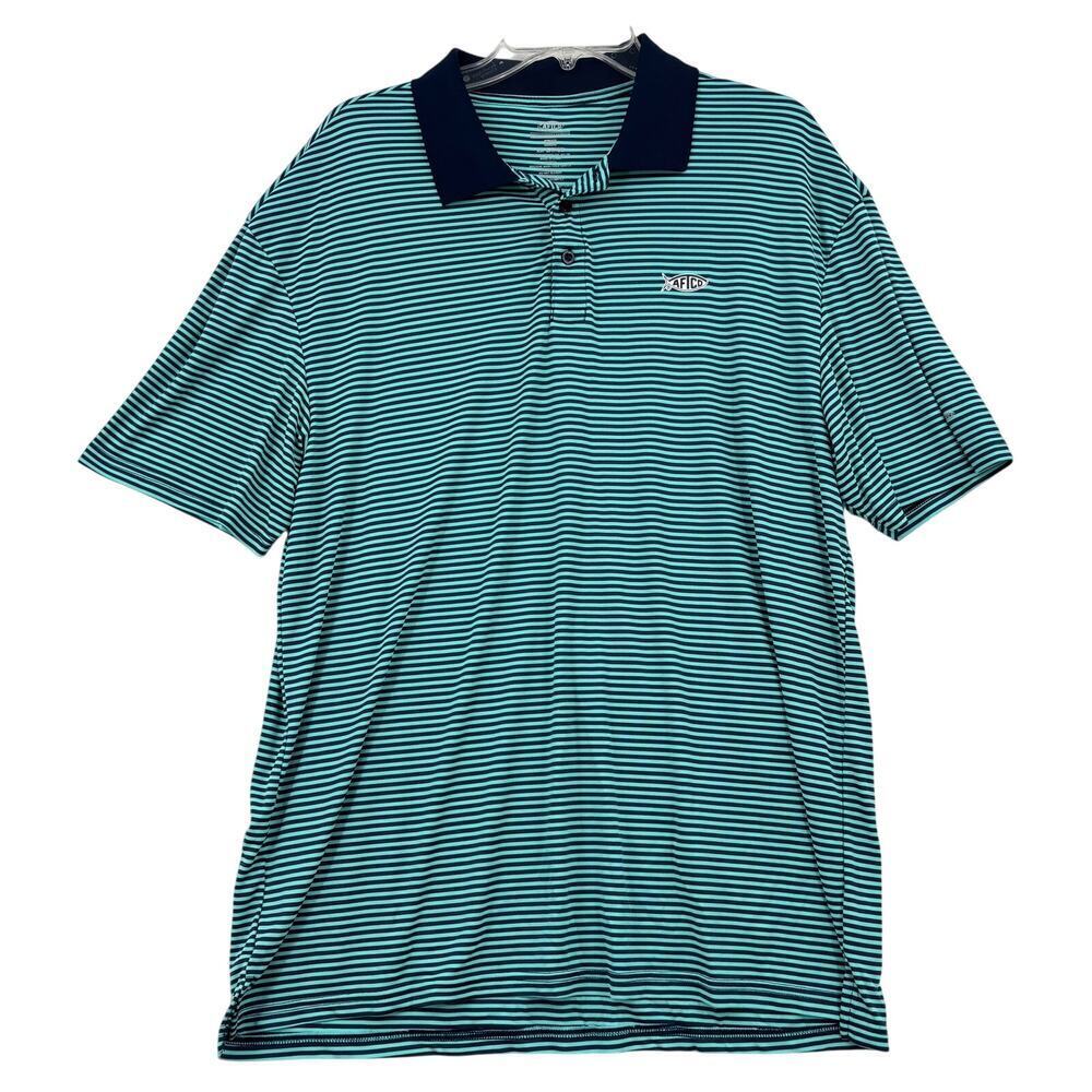 AFTCO Polo Shirt Mens Size XXL Teal Navy Blue Stripe Short Sleeve Stretch Knit‎